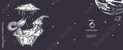 Capricorn zodiac sign. Capricorn is sitting in the bath. Cloud and rain.