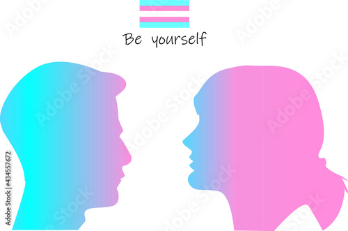 Male to female and female to male transgender or transsexual flat profile silhouettes with a flag icon. LGBT. Be yourself. Vector EPS 10