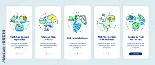 Healthy school eating onboarding mobile app page screen with concepts. Fresh and cooked vegetables walkthrough 5 steps graphic instructions. UI, UX, GUI vector template with linear color illustrations