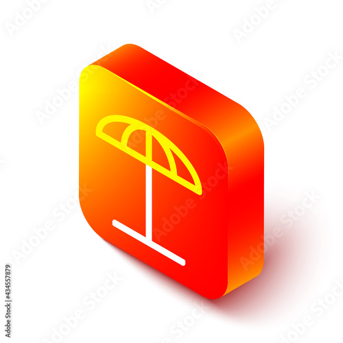 Isometric line Sun protective umbrella for beach icon isolated on white background. Large parasol for outdoor space. Beach umbrella. Orange square button. Vector Illustration