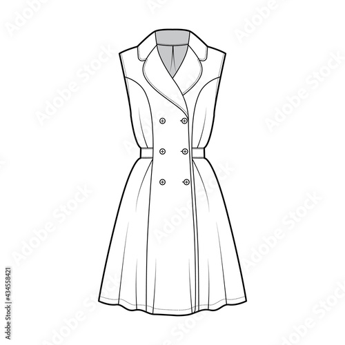 Dress coat trench technical fashion illustration with double breasted, sleeveless, fitted body, knee length semi-circular skirt. Flat apparel front, white color style. Women, men unisex CAD mockup
