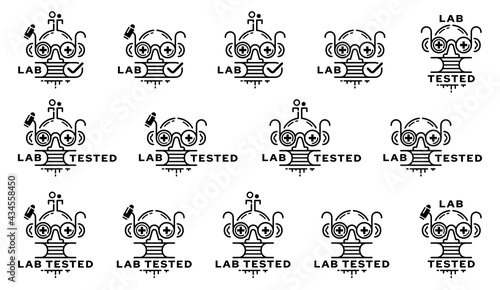 Concept for product packaging. Labeling - lab tested. The icon of a doctor or laboratory assistant in the form of a research flask with glasses is a symbol of medical research or verification.Vector