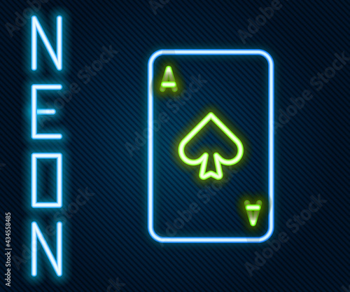 Glowing neon line Playing card with spades symbol icon isolated on black background. Casino gambling. Colorful outline concept. Vector Illustration