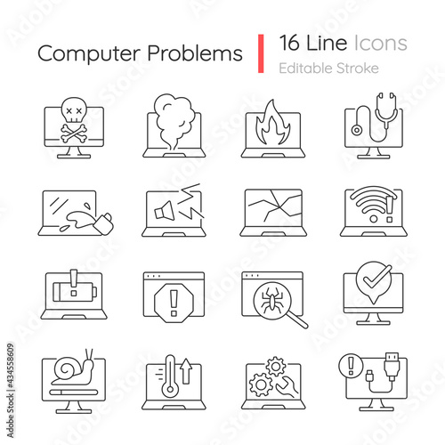Computer problems linear icons set. Laptop not starting, screen error. System failure. Hardware crash. Customizable thin line contour symbols. Isolated vector outline illustrations. Editable stroke