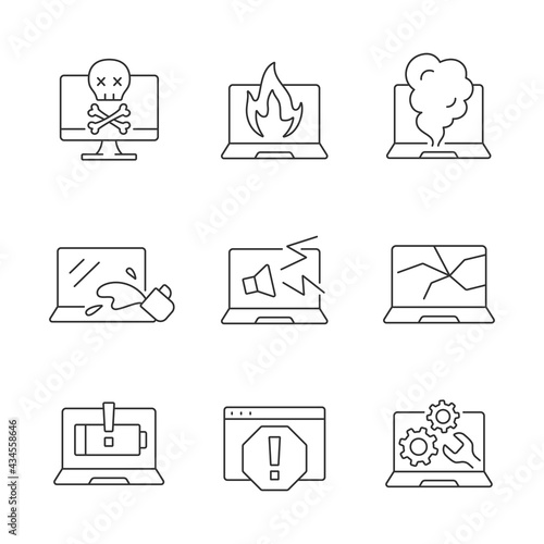 Computer damage linear icons set. Burning notebook. smoke from keyboard. Crashed monitor screen. Customizable thin line contour symbols. Isolated vector outline illustrations. Editable stroke