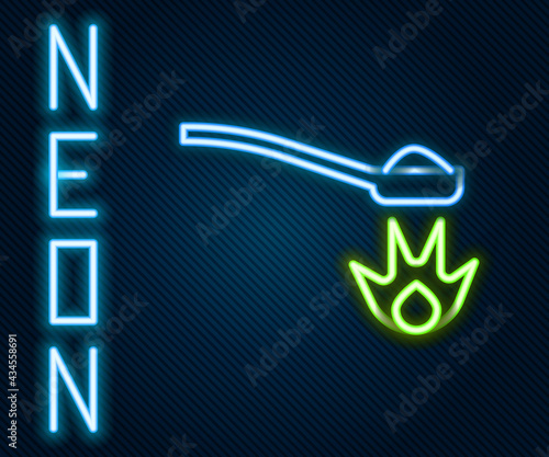 Glowing neon line Heroin in a spoon icon isolated on black background. Concept of drug addiction and dependence from the narcotic. Junkie lifestyle. Colorful outline concept. Vector Illustration
