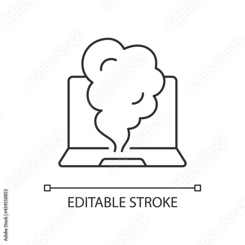 Smoking computer linear icon. Symptom of overheating hardware. Broken notebook. System failure. Thin line customizable illustration. Contour symbol. Vector isolated outline drawing. Editable stroke