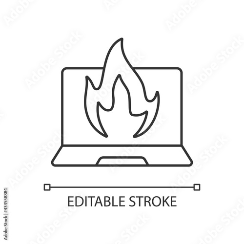 Computer burning linear icon. Hardware crash, overheating issue. Burning laptop, PC problems. Thin line customizable illustration. Contour symbol. Vector isolated outline drawing. Editable stroke