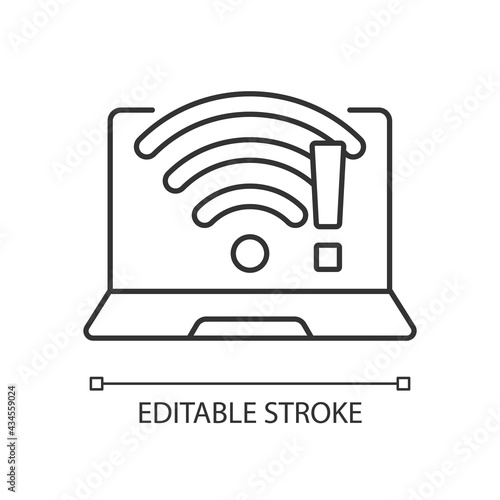 Wi fi does not work linear icon. Wireless connection issue, weak signal. No internet. Fix wifi. Thin line customizable illustration. Contour symbol. Vector isolated outline drawing. Editable stroke