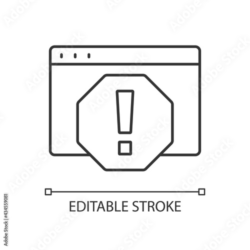 Computer error linear icon. System failure, message window for PC monitor. Cyber safety danger. Thin line customizable illustration. Contour symbol. Vector isolated outline drawing. Editable stroke