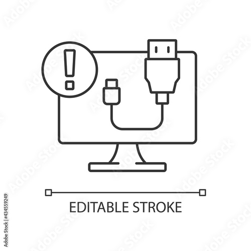 USB does not work linear icon. Cable connection issue. Desktop computer problem. Software error. Thin line customizable illustration. Contour symbol. Vector isolated outline drawing. Editable stroke