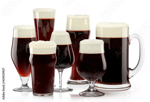 Set of fresh stout beer glasses with bubble froth isolated on white background.
