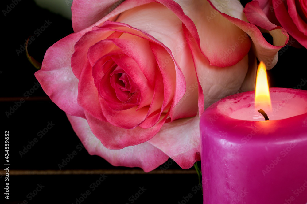 Fototapeta premium A candle is burning next to white-red roses