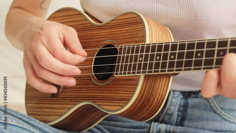 Close up woman hands playing on ukulele strings practicing music guitar and sing at home. Learning to play a musical instrument. Close up woman hands playing on ukulele strings practicing music guitar and sing at home. Learning to play a musical instrument.
