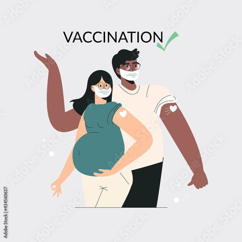 Vaccine pregnant family couple Vaccination concept. Diverse people after vaccine injection in shoulder. Pregnant getting vaccine shot. Character in face mask showing bandage. Flat vector illustration