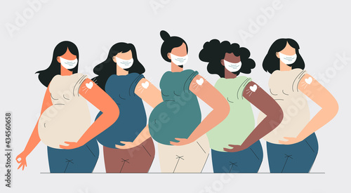 Pregnant women vaccination Health care concept. Diverse mothers after vaccine injection in shoulder. Pregnant getting vaccine shot. Women in face mask showing heart bandage. Flat vector illustration
