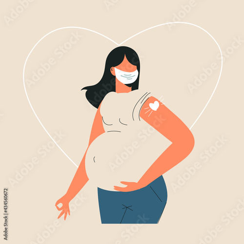 Pregnant woman vaccination Health love care concept. After vaccine injection in shoulder. Pregnant getting vaccine shot. Woman in face mask showing arm with bandage. Flat vector isolated illustration