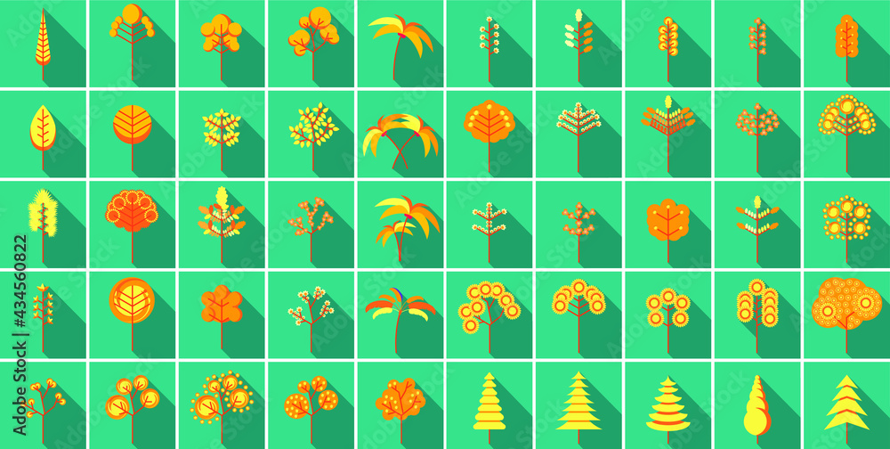 Big set of various trees. Tree icons set in a modern flat style. Pine, spruce, oak, birch, trunk, aspen, alder, poplar, chestnut, palm apple tree Vector illustration