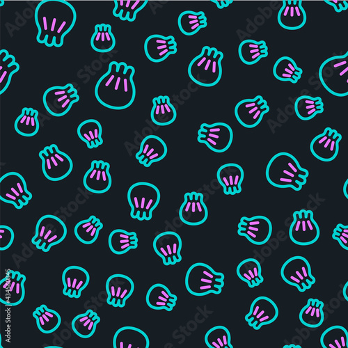 Line Khinkali on cutting board icon isolated seamless pattern on black background. Traditional georgian dumpling. Vector Illustration