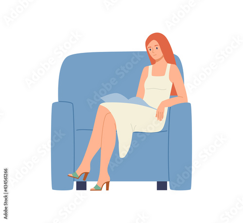 Girl sitting in chair reading interesting book, or studying. Flat vector illustration.