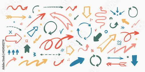 Abstract arrow icons set. Various doodle arrows in different shapes with grunge texture. Hand-drawn abstract infographic Vector collection.