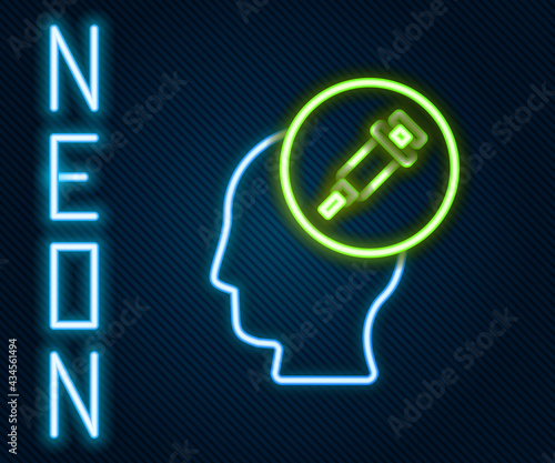 Glowing neon line Addiction to the drug icon isolated on black background. Heroin, narcotic, addiction, illegal. Sick junkie with a syringe and medical pills. Colorful outline concept. Vector