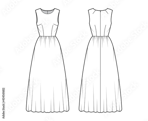Dress long technical fashion illustration with sleeveless, fitted body, floor length full skirt. Flat apparel front, back, white color style. Women, men unisex CAD mockup