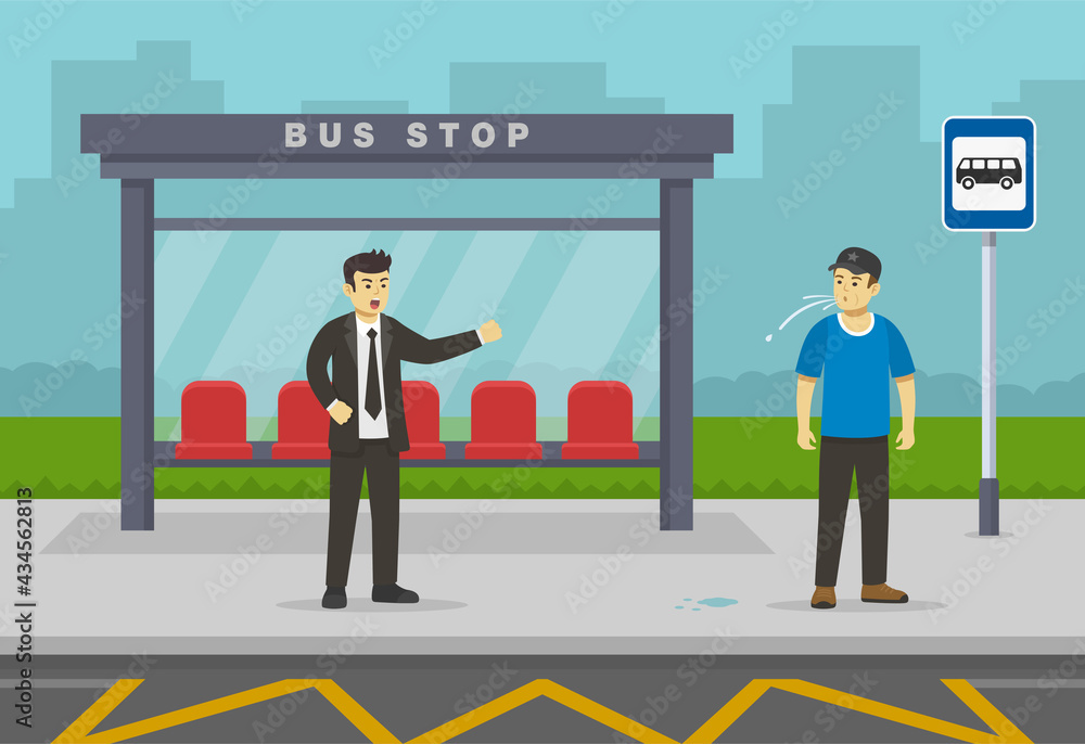Angry young male character yelling to other spitting man.City bus station. Flat vector illustration template.  - obrazy, fototapety, plakaty 
