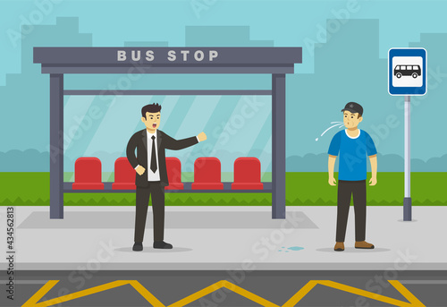 Angry young male character yelling to other spitting man.City bus station. Flat vector illustration template.  photo