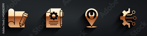 Set Graphing paper and pencil, Document settings and pen, Location with wrench spanner and Algorithm icon with long shadow. Vector