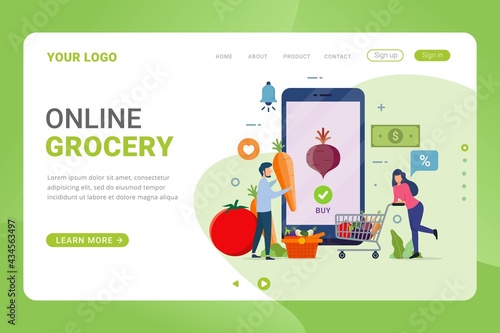 Landing page template online buying grocery food products in mobile app