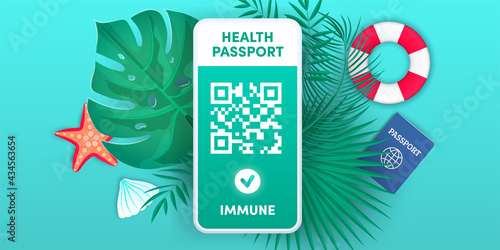 Electronic health passport QR code on smartphone screen vector concept. Vaccination green certificate on mobile phone. Health pass app, negative corona virus test. Covid-19 vaccine for safe tourism