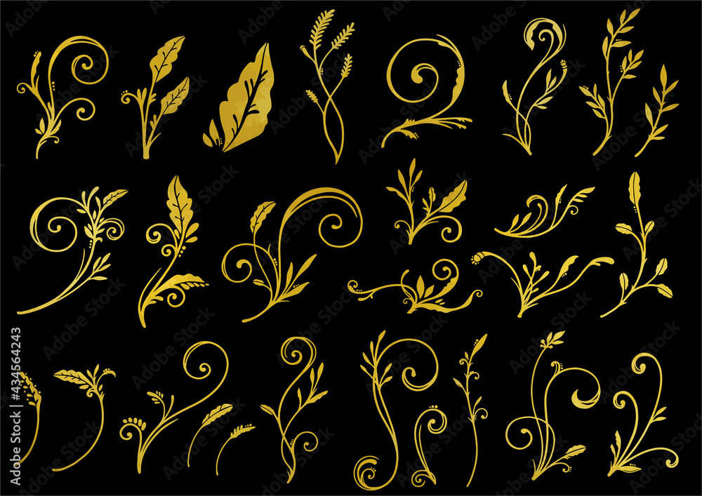 黒背景の手描きのゴールドのツタ模様セット ベクター素材 Stock Vector Adobe Stock