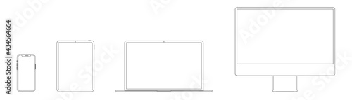 Device and gadget line art set. Laptop, smartphone, modern portable and compact personal computer machines for home and office work. Vector line art device illustration