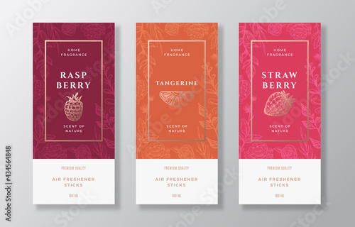 Home Fragrance Vector Label Templates Set. Hand Drawn Sketch Raspberry, Strawberry, Tangerine and Flowers Background with Typography. Room Perfume Packaging Design Layouts Realistic Mockup. Isolated