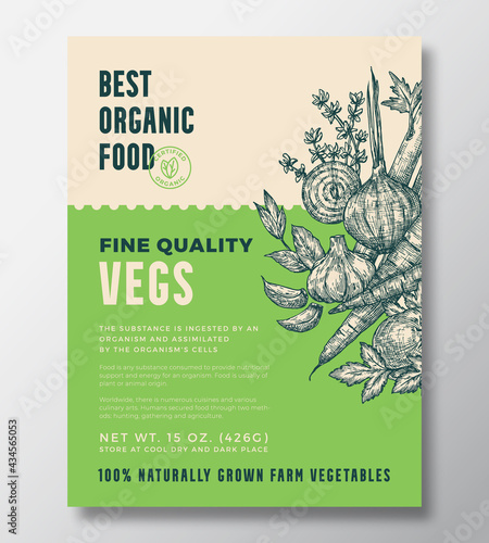 Vegetable Illustration Vector Food Packaging Design or Label Template. Farm Grown Meal Banner. Modern Typography and Hand Drawn Vegetables and Herbs Sketch Background Layout