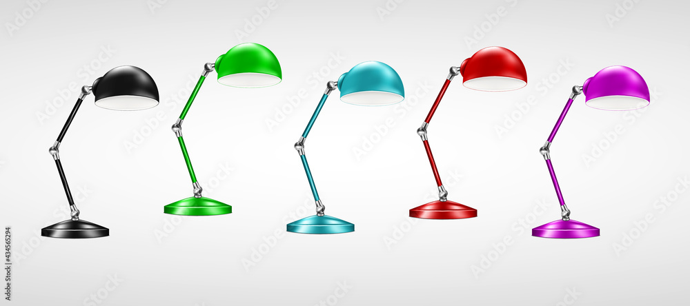 Table lamp with matte color metal lampshade. Adjustable interior light. Multicolored set. Vector illustration Table lamp with matte color metal lampshade. Adjustable interior light. Multicolored set. Vector illustration