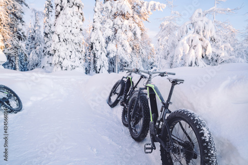 Bicycle with wheels for snowy off road and path in wood on active extreme riding, winter wanderlust vacation sport in forest