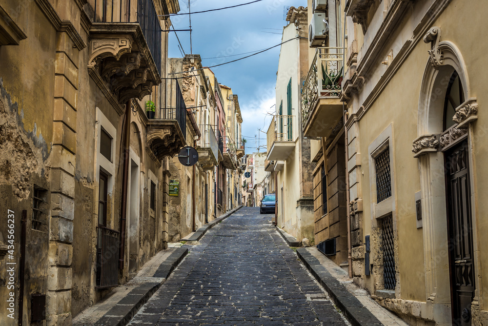 Via Archimede, street in historic part of Noto city, Sicily in Italy