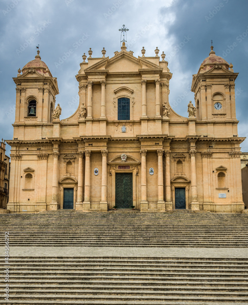 Stairs in front of Roman Catholic cathedral in historic part of Noto city, Sicily in Italy