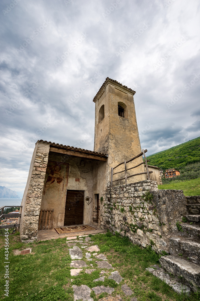 Small Church of San Antonio Abate (Saint Anthony Abbot) in Romanesque style, XIII-XIV century, Blaza district, Brenzone sul Garda, Lake Garda, Verona province, Veneto, Italy, Europe.
