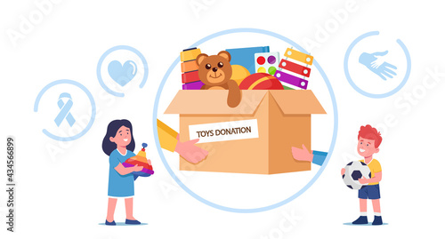 Children Boy and Girl Taking Toys from Donation Box, Humanitarian Aid to Poor Kids, Volunteering and Philantropy