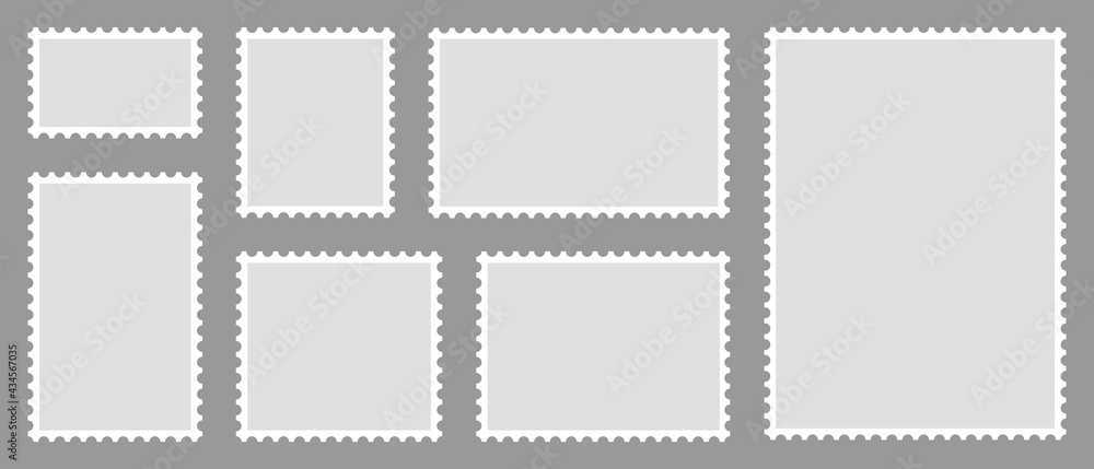 Set of blank postage stamps. Blank letter stamps, postal frame. Vector illustration.