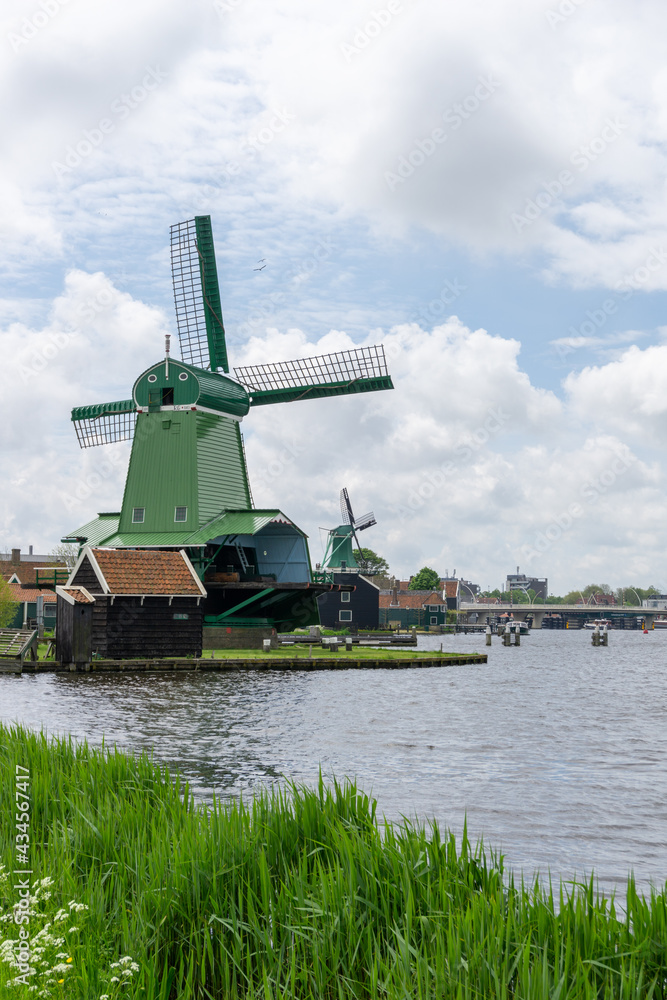 view of the historic windmills at Zaanse Schaans in North Holland