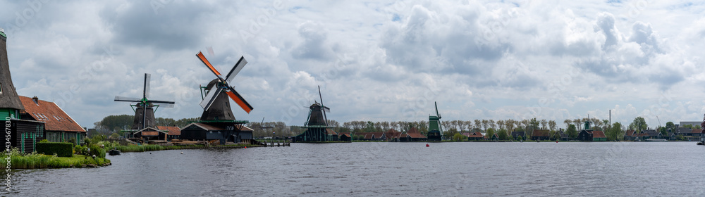 panorama view of the historic windmills at Zaanse Schaans in North Holland