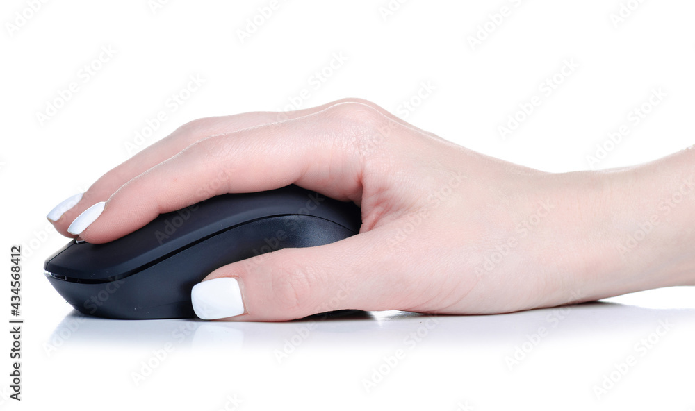 Black PC mouse in hand on white background isolation Black PC mouse in hand on white background isolation