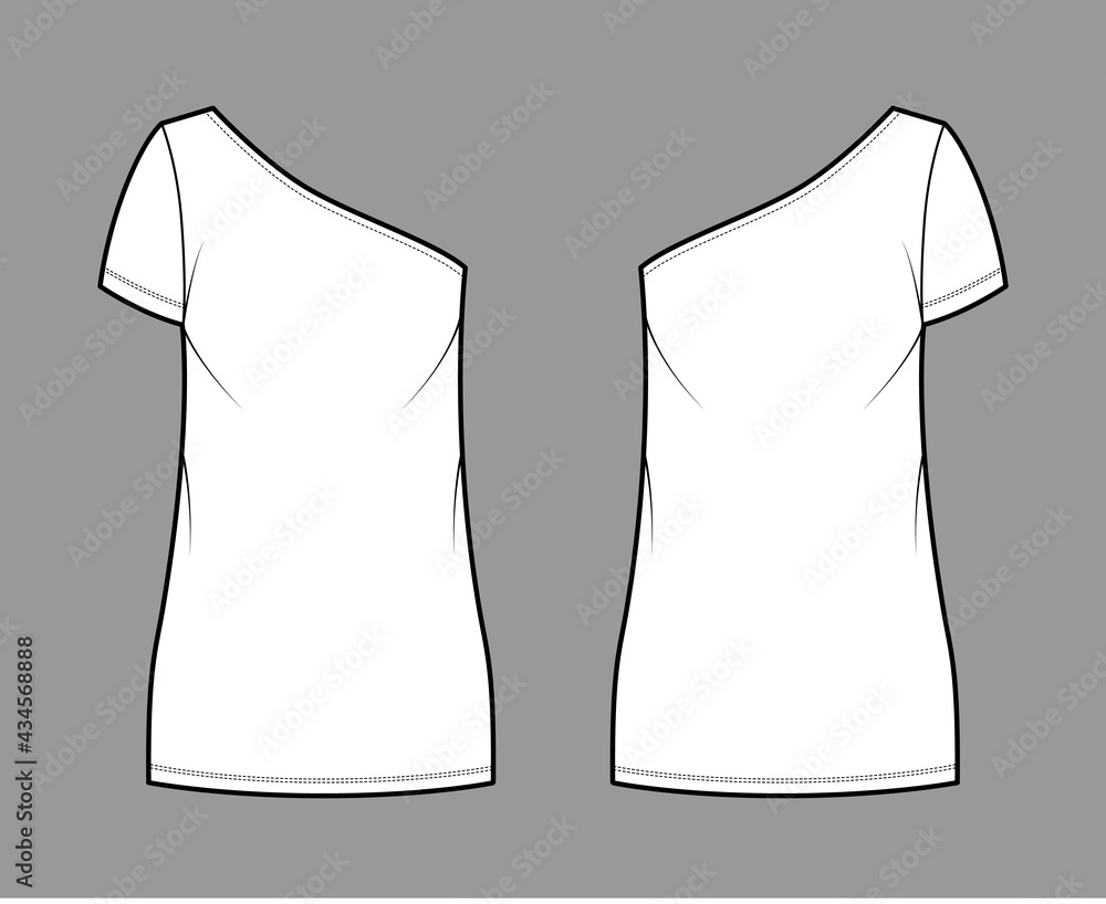 Dress one shoulder technical fashion illustration with short sleeve, oversized body, mini length pencil skirt. Flat apparel front, back, white color style. Women, men unisex CAD mockup Dress one shoulder technical fashion illustration with short sleeve, oversized body, mini length pencil skirt. Flat apparel front, back, white color style. Women, men unisex CAD mockup