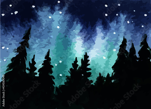 Northern Lights Aurora Borealis Watercolor Vector Graphic Landscape with Trees and Sky