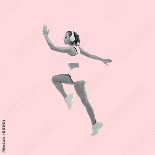 Fototapeta Naklejka Na Ścianę i Meble -  Modern design, contemporary art collage. Inspiration, idea, trendy magazine style. Sport. Professional female athlete on pink background.