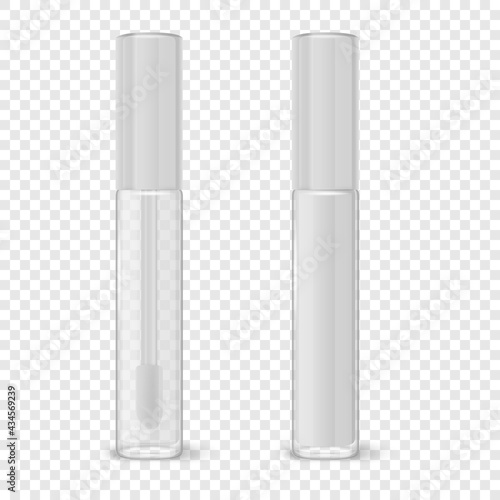 Vector 3d Realistic Closed Plastic Transparent and White Lip Gloss, Lipstick Package Set Isolated. Glass Container, Tube, Lid, Brush. Plastic Transparent Bottle Design Template, Mockup. Front View photo